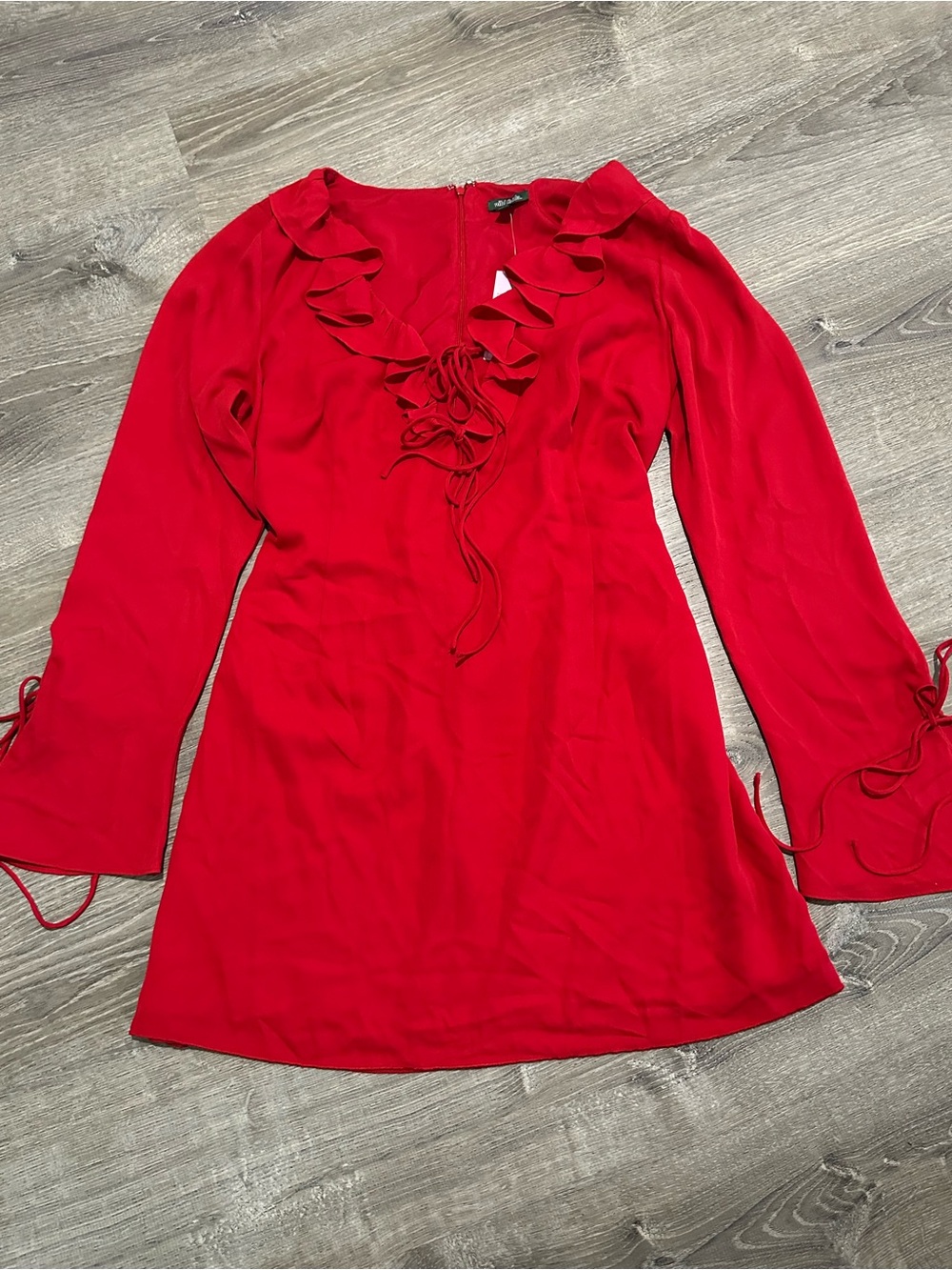 wild fable Red Ruffle-Trim Long Sleeve Tie-Front Dress